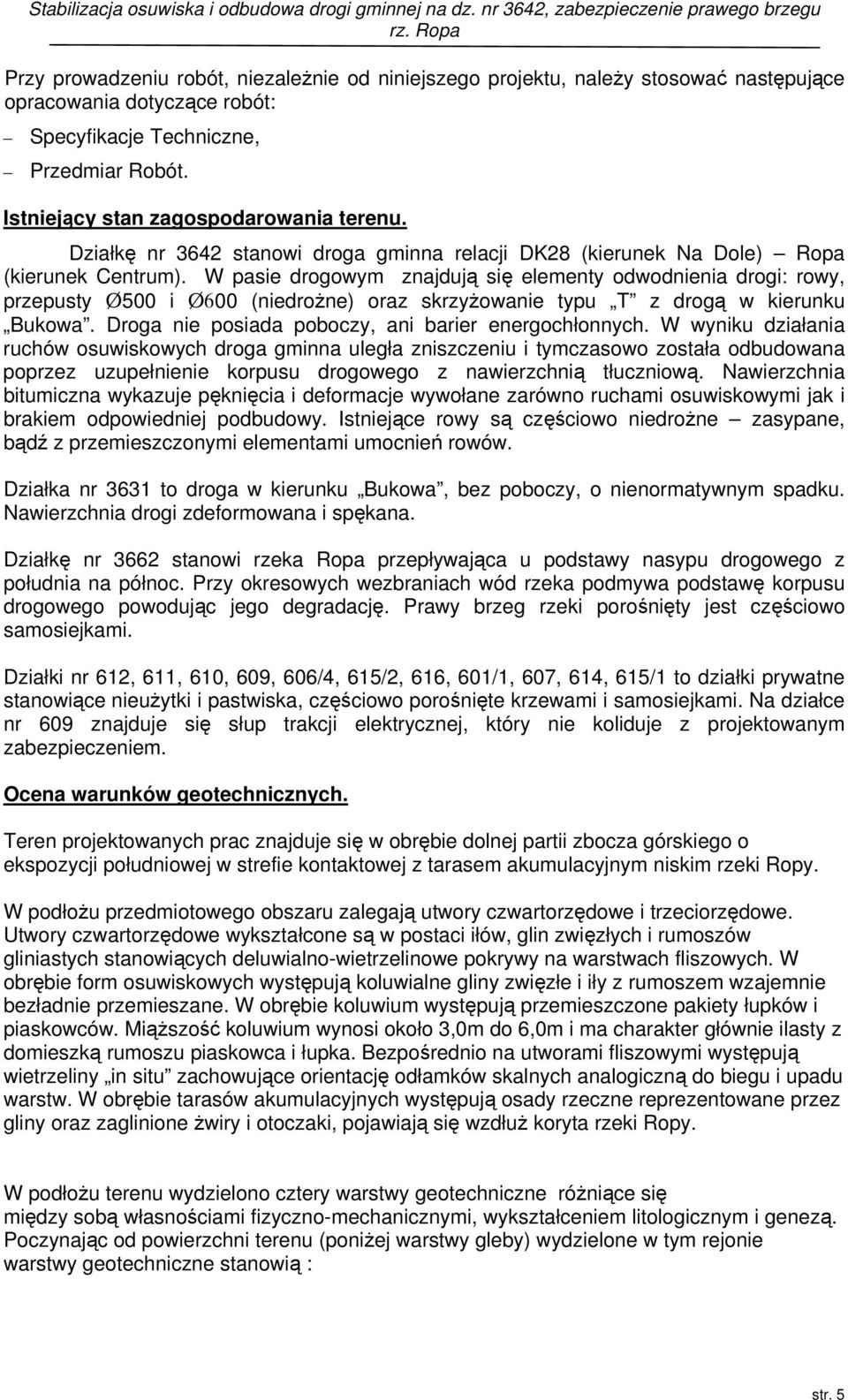 W pasie drogowym znajdują się elementy odwodnienia drogi: rowy, przepusty Ø500 i Ø600 (niedrożne) oraz skrzyżowanie typu T z drogą w kierunku Bukowa.