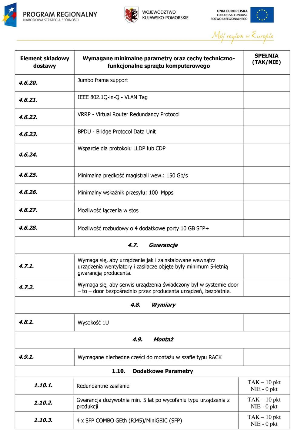 : 150 Gb/s 4.6.26. Minimalny wskaźnik przesyłu: 100 Mpps 4.6.27. Możliwość łączenia w stos 4.6.28. Możliwość rozbudowy o 4 dodatkowe porty 10 GB SFP+ 4.7. Gwarancja 4.7.1. 4.7.2. Wymaga się, aby urządzenie jak i zainstalowane wewnątrz urządzenia wentylatory i zasilacze objęte były minimum 5-letnią gwarancją producenta.