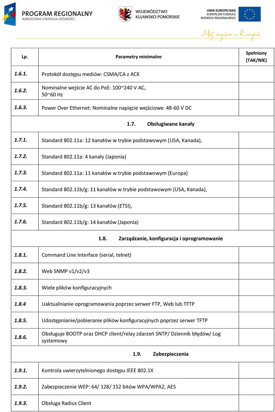 7.3. Standard 802.11a: 11 kanałów w trybie podstawowym (Europa) 1.7.4. Standard 802.11b/g: 11 kanałów w trybie podstawowym (USA, Kanada), 1.7.5. Standard 802.11b/g: 13 kanałów (ETSI), 1.7.6.