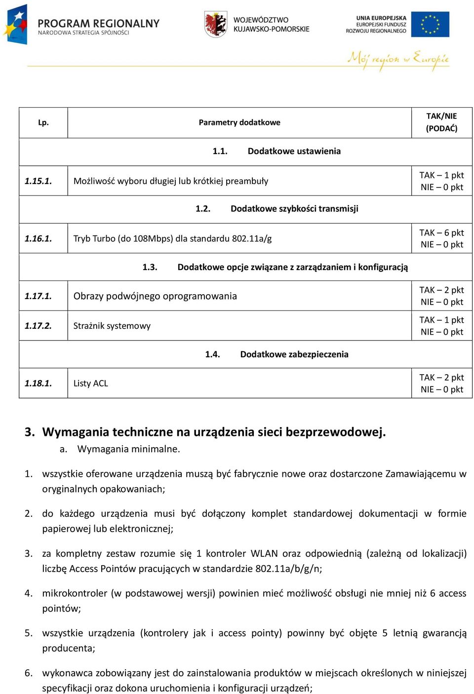 Dodatkowe zabezpieczenia 1.18.1. Listy ACL TAK 2 pkt NIE 0 pkt 3. Wymagania techniczne na urządzenia sieci bezprzewodowej. a. Wymagania minimalne. 1. wszystkie oferowane urządzenia muszą być fabrycznie nowe oraz dostarczone Zamawiającemu w oryginalnych opakowaniach; 2.