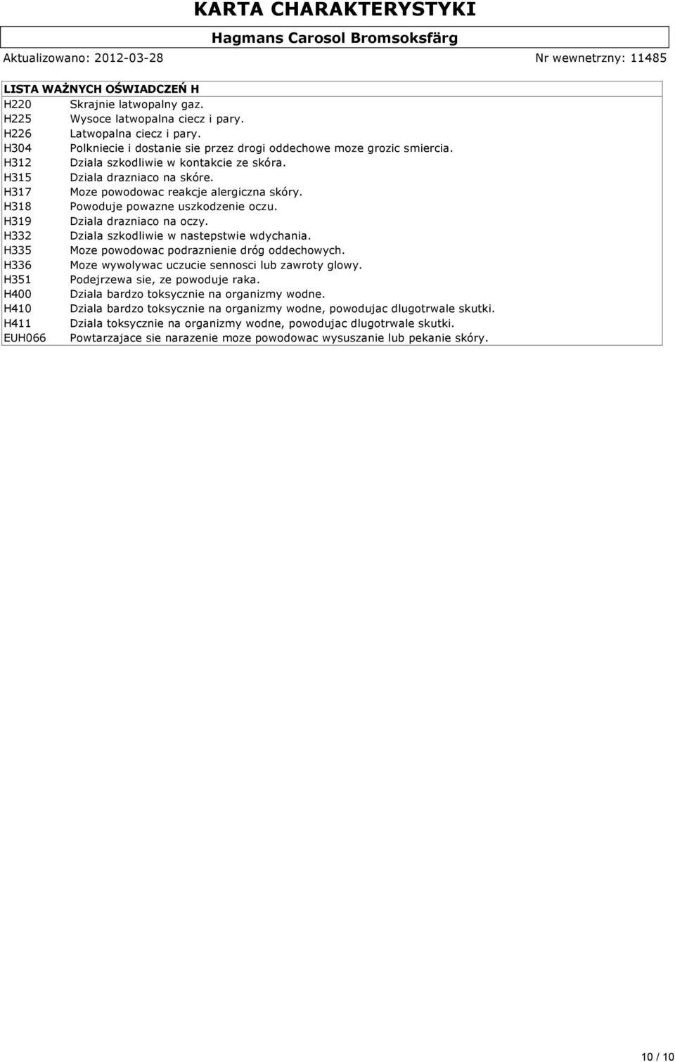 H332 Dziala szkodliwie w nastepstwie wdychania. H335 Moze powodowac podraznienie dróg oddechowych. H336 Moze wywolywac uczucie sennosci lub zawroty glowy. H351 Podejrzewa sie, ze powoduje raka.