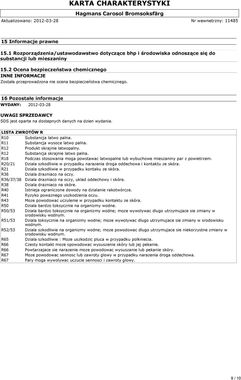 16 Pozostałe informacje WYDANY: 2012-03-28 UWAGI SPRZEDAWCY SDS jest oparte na dostepnych danych na dzien wydania. LISTA ZWROTÓW R R10 Substancja latwo palna. R11 Substancja wysoce latwo palna.