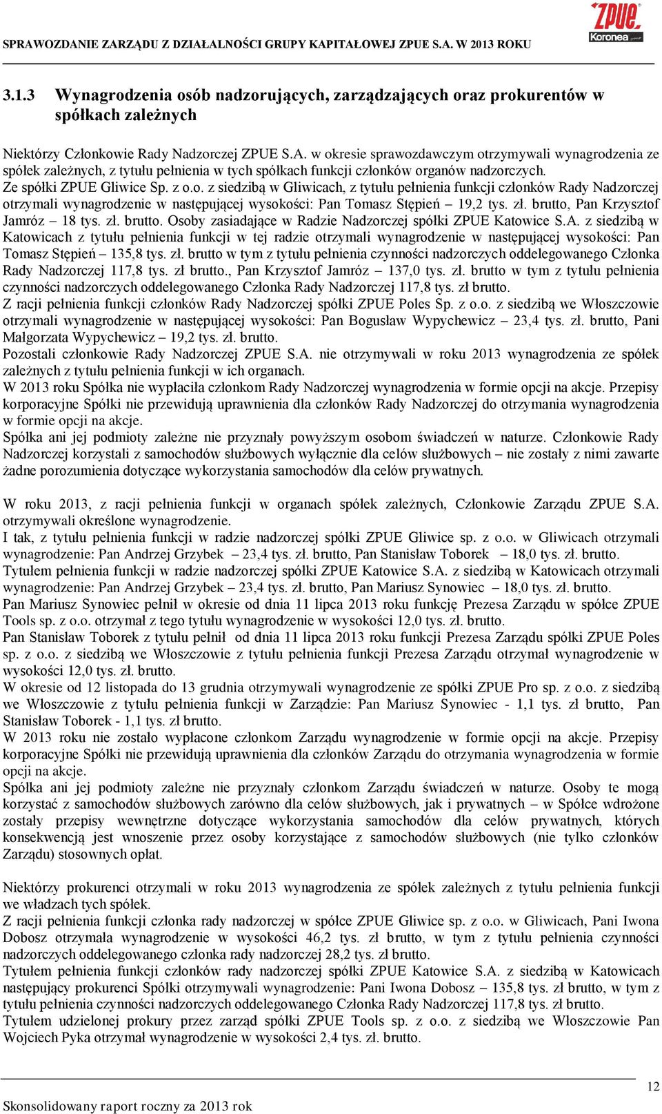 zł. brutto, Pan Krzysztof Jamróz 18 tys. zł. brutto. Osoby zasiadające w Radzie Nadzorczej spółki ZPUE Katowice S.A.