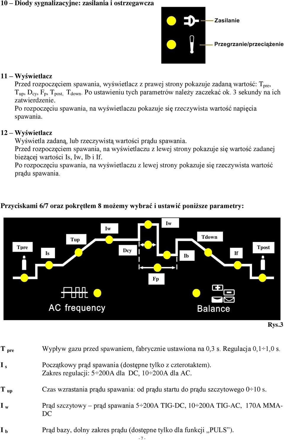 12 Wyświetlacz Wyświetla zadaną, lub rzeczywistą wartości prądu spawania. Przed rozpoczęciem spawania, na wyświetlaczu z lewej strony pokazuje się wartość zadanej bieżącej wartości Is, Iw, Ib i If.