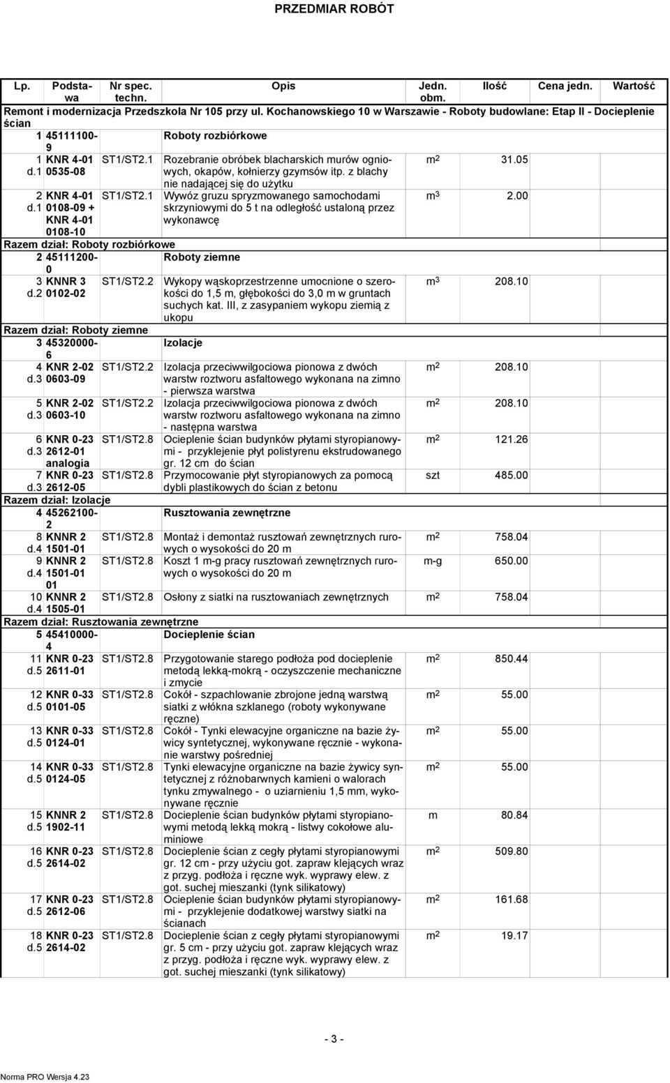 1 Rozebranie obróbek blacharskich murów ogniowych, okapów, kołnierzy gzymsów itp. z blachy 31.05 2 KNR 4-01 d.1 0108-09 + KNR 4-01 0108-10 ST1/ST2.