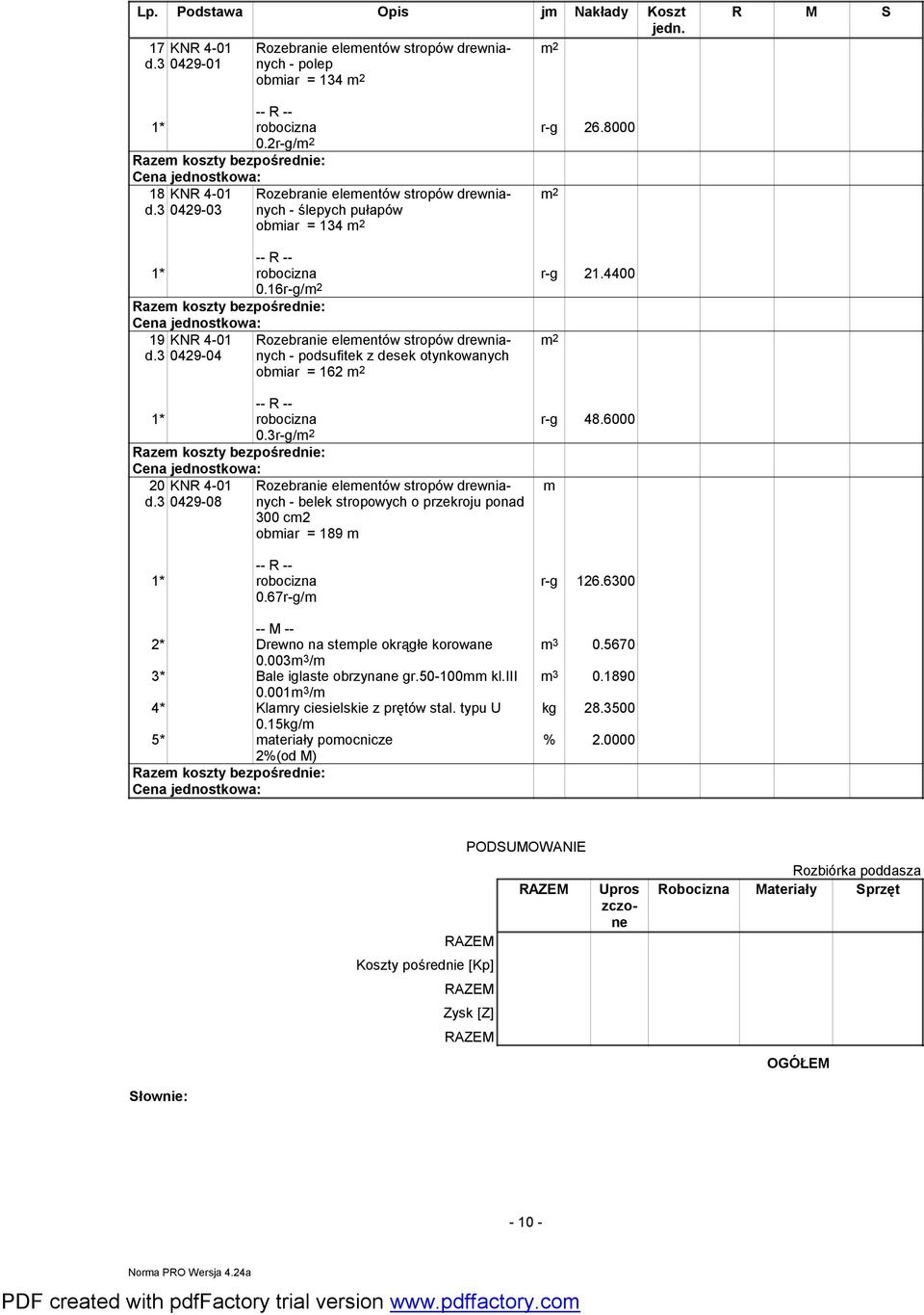 3 KNR 4-01 0429-04 Rozebranie elementów stropów drewnianych - podsufitek z desek otynkowanych obmiar = 162 r-g 48.6000 0.3r-g/ 20 d.