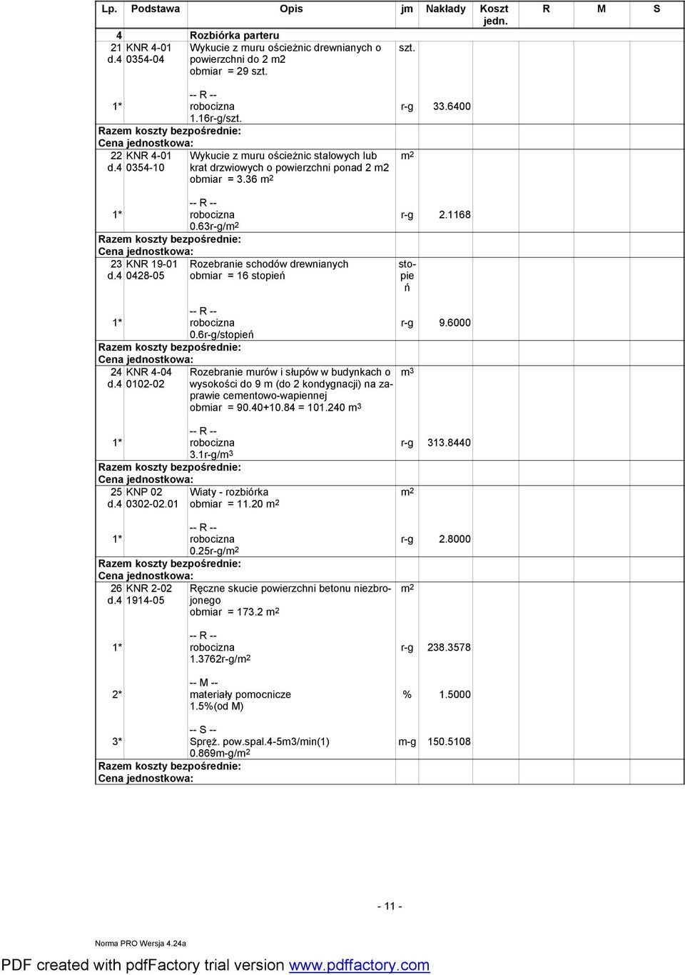 4 0102-02 Rozebranie schodów drewnianych obmiar = 16 stopień Rozebranie murów i słupów w budynkach o wysokości do 9 m (do 2 kondygnacji) na zaprawie cementowo-wapiennej obmiar = 90.40+10.84 = 101.