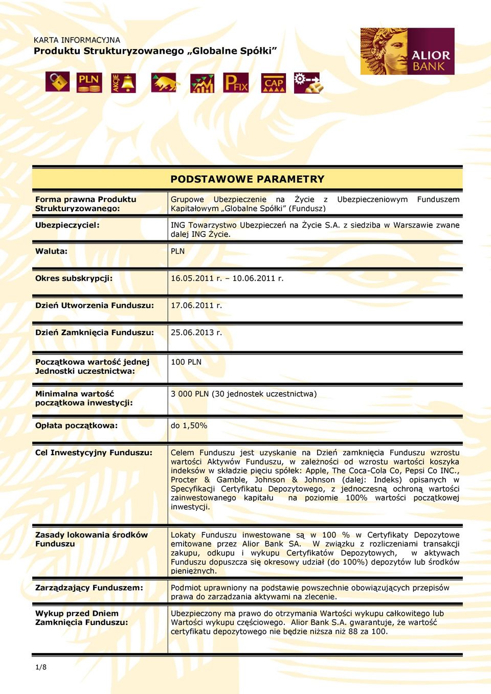 10.06.2011 r. Dzień Utworzenia Funduszu: 17.06.2011 r. Dzień Zamknięcia Funduszu: 25.06.2013 r.