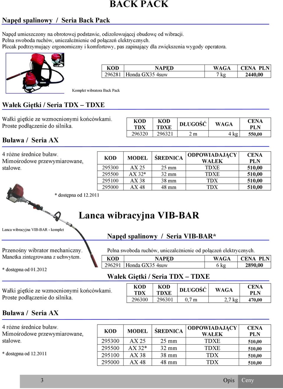 KOD NAPĘD WAGA 296281 Honda GX35 4suw 7 kg 2440,00 Komplet wibratora Back Pack Wałek Giętki / Seria TDX TDXE Wałki giętkie ze wzmocnionymi końcówkami. Proste podłączenie do silnika.