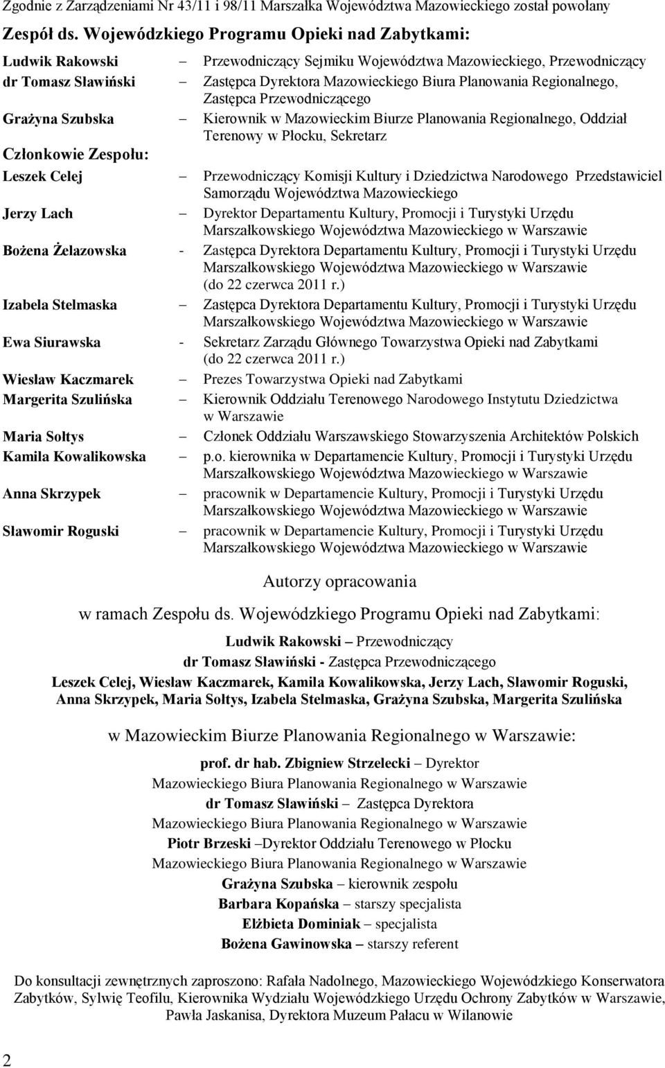 Regionalnego, Zastępca Przewodniczącego Grażyna Szubska Kierownik w Mazowieckim Biurze Planowania Regionalnego, Oddział Terenowy w Płocku, Sekretarz Członkowie Zespołu: Leszek Celej Przewodniczący