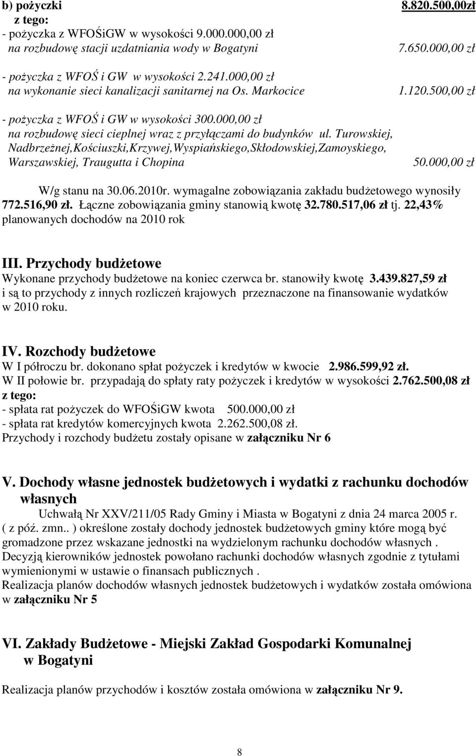 Turowskiej, Nadbrzeżnej,Kościuszki,Krzywej,Wyspiańskiego,Skłodowskiej,Zamoyskiego, Warszawskiej, Traugutta i Chopina 1.120.500,00 zł 50.000,00 zł W/g stanu na 30.06.2010r.