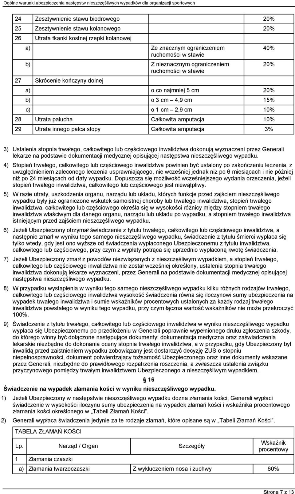 amputacja 3% 40% 20% 3) Ustalenia stopnia trwałego, całkowitego lub częściowego inwalidztwa dokonują wyznaczeni przez Generali lekarze na podstawie dokumentacji medycznej opisującej następstwa