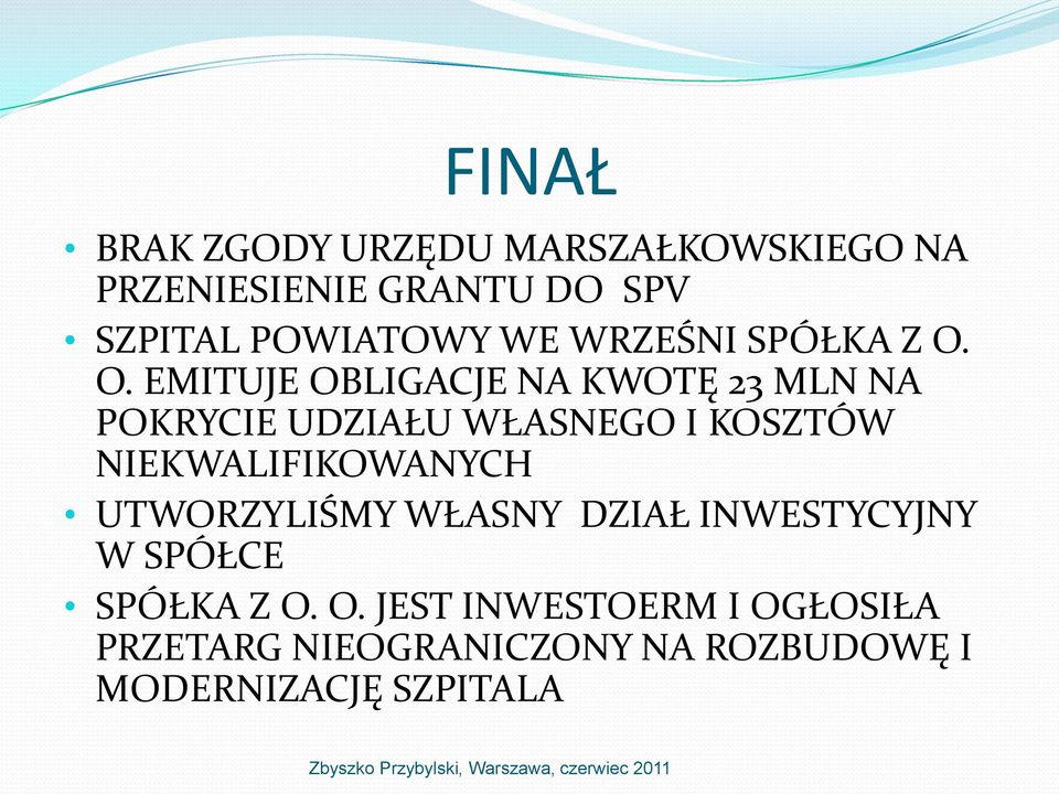 O. EMITUJE OBLIGACJE NA KWOTĘ 23 MLN NA POKRYCIE UDZIAŁU WŁASNEGO I KOSZTÓW