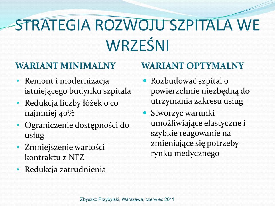 NFZ Redukcja zatrudnienia WARIANT OPTYMALNY Rozbudować szpital o powierzchnie niezbędną do utrzymania zakresu