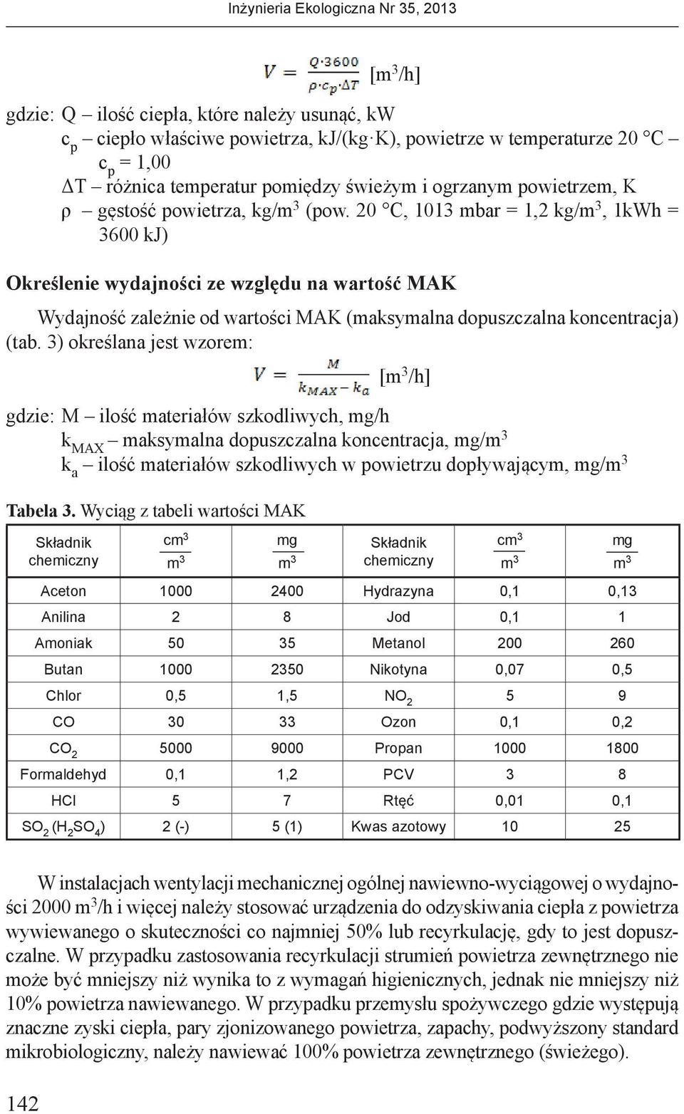 20 C, 1013 mbar = 1,2 kg/m 3, 1kWh = 3600 kj) Określenie wydajności ze względu na wartość MAK Wydajność zależnie od wartości MAK (maksymalna dopuszczalna koncentracja) (tab.