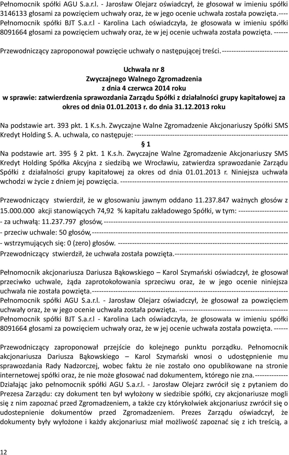 ---------------------------- Uchwała nr 8 w sprawie: zatwierdzenia sprawozdania Zarządu Spółki z działalności grupy kapitałowej za okres od dnia 01.01.2013 r. do dnia 31.12.