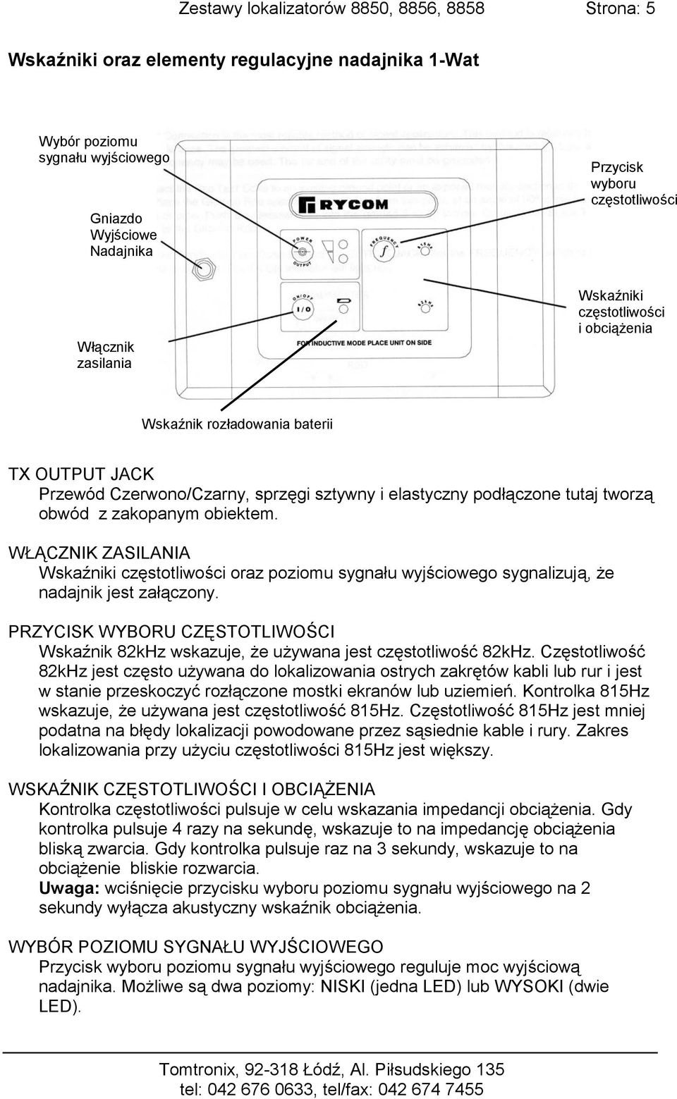 obiektem. WŁĄCZNIK ZASILANIA Wskaźniki częstotliwości oraz poziomu sygnału wyjściowego sygnalizują, że nadajnik jest załączony.