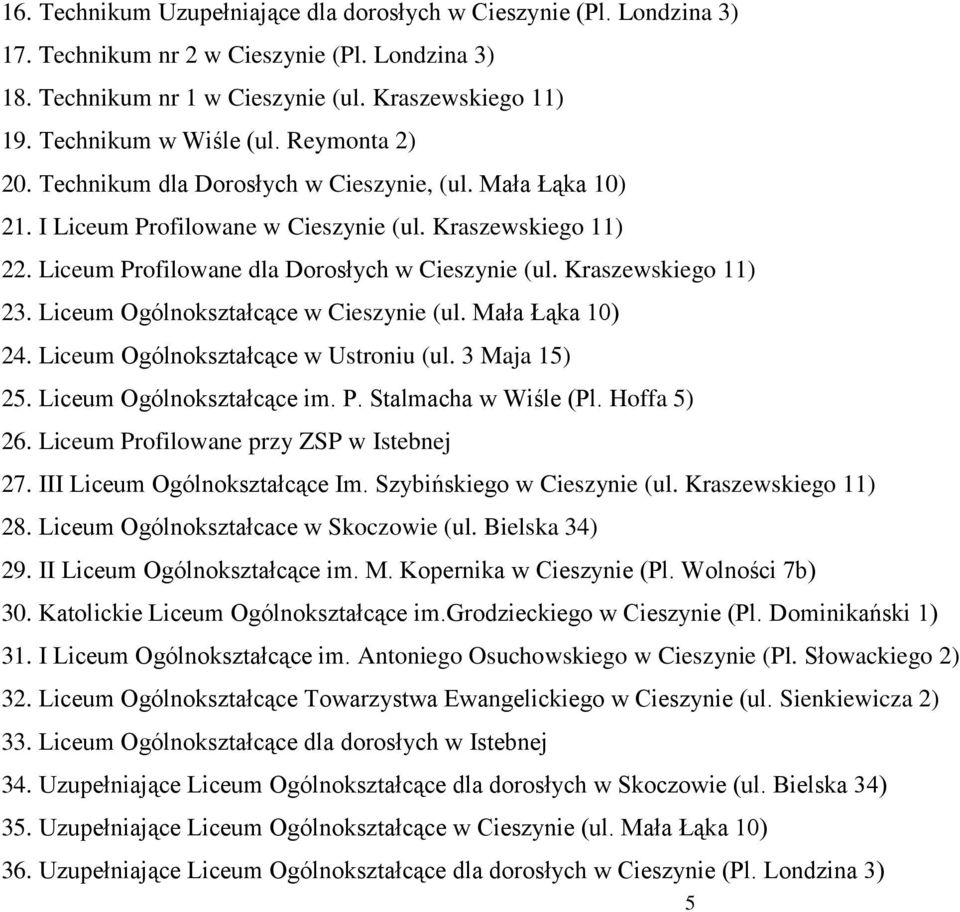 Kraszewskiego 11) 23. Liceum Ogólnokształcące w Cieszynie (ul. Mała Łąka 10) 24. Liceum Ogólnokształcące w Ustroniu (ul. 3 Maja 15) 25. Liceum Ogólnokształcące im. P. Stalmacha w Wiśle (Pl.