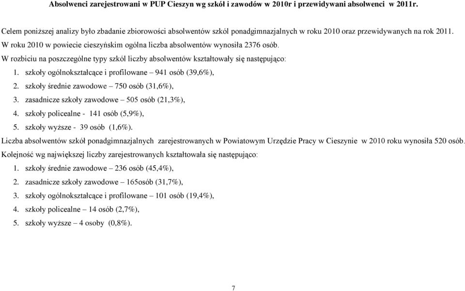 W roku 2010 w powiecie cieszyńskim ogólna liczba absolwentów wynosiła 2376 osób. W rozbiciu na poszczególne typy szkól liczby absolwentów kształtowały się następująco: 1.