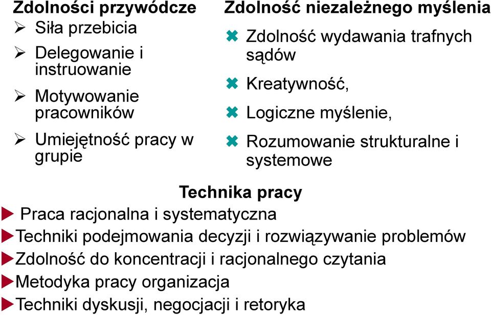 strukturalne i systemowe Technika pracy Praca racjonalna i systematyczna Techniki podejmowania decyzji i