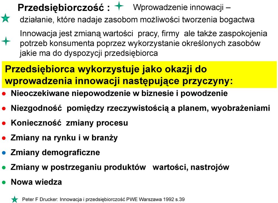 innowacji następujące przyczyny: Nieoczekiwane niepowodzenie w biznesie i powodzenie Niezgodność pomiędzy rzeczywistością a planem, wyobrażeniami Konieczność zmiany