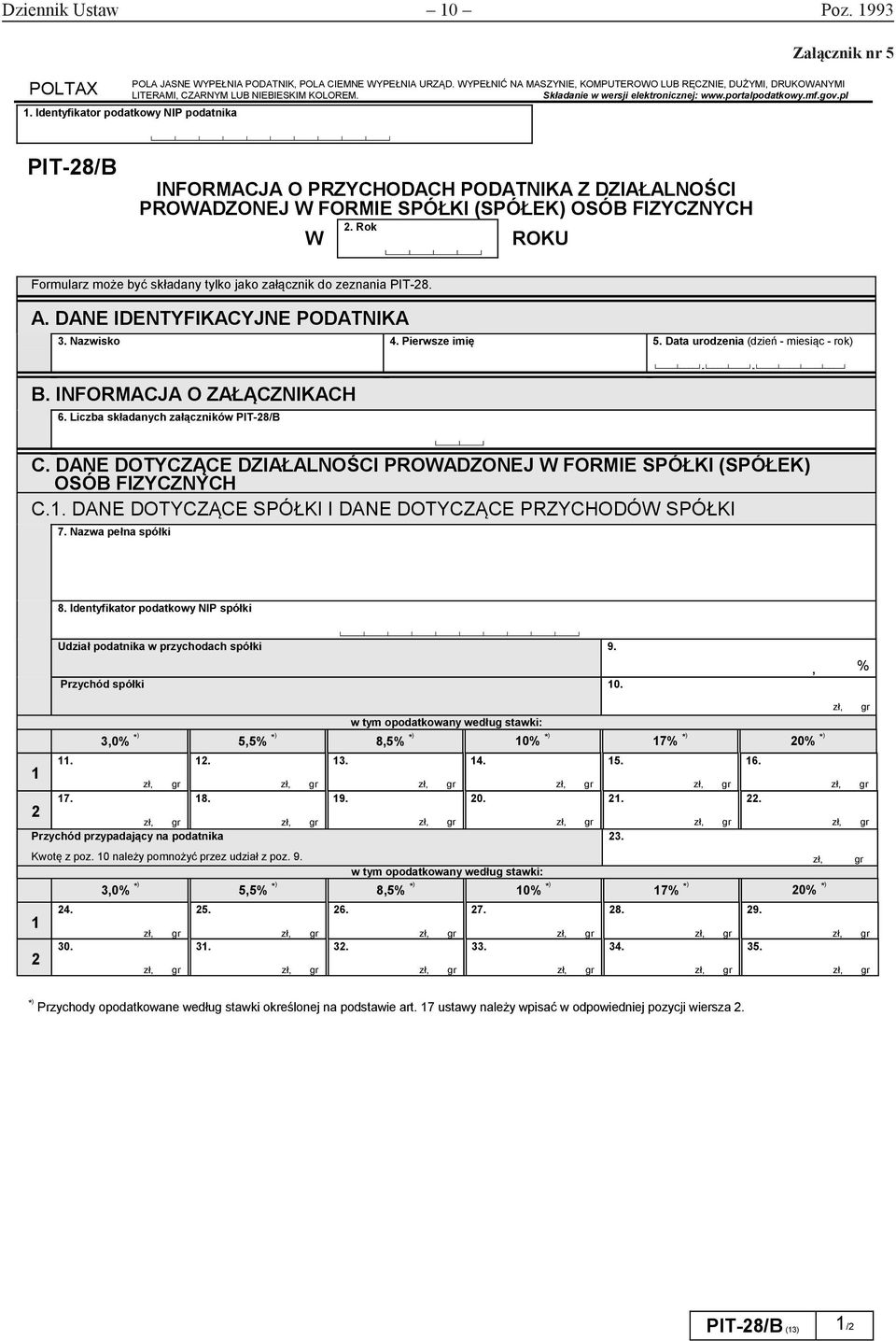 INFORMACJA O ZAŁĄCZNIKACH 6. Liczba składanych załączników PIT-28/B C. DANE DOTYCZĄCE DZIAŁALNOŚCI PROWADZONEJ W FORMIE SPÓŁKI (SPÓŁEK) OSÓB FIZYCZNYCH C.1.