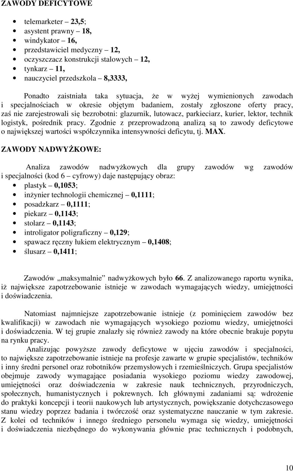 letor, techni logisty, pośredni pracy. Zgodnie z przeprowadzoną analizą są to zawody deficytowe o najwięszej wartości współczynnia intensywności deficytu, tj. MAX.