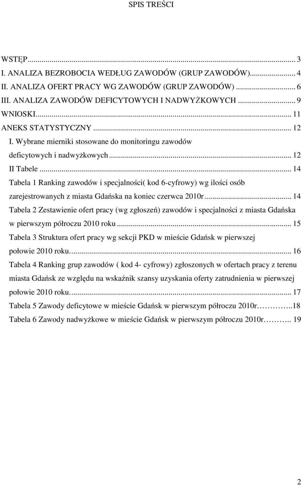 .. 14 Tabela 1 Raning zawodów i specjalności( od 6-cyfrowy) wg ilości osób zarejestrowanych z miasta Gdańsa na oniec czerwca 2010r.