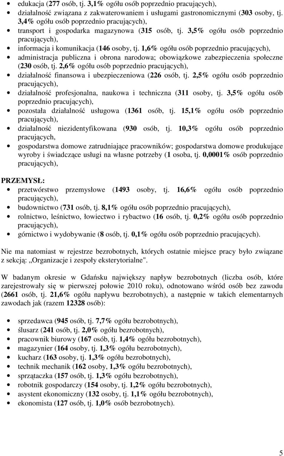 1,6% ogółu osób poprzednio pracujących), administracja publiczna i obrona narodowa; obowiązowe zabezpieczenia społeczne (230 osób, tj.