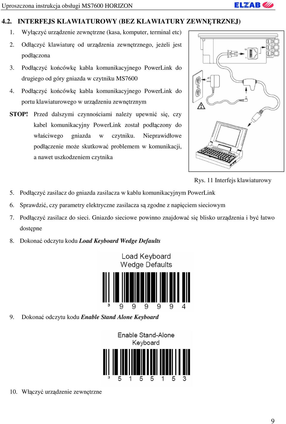 Podłączyć końcówkę kabla komunikacyjnego PowerLink do portu klawiaturowego w urządzeniu zewnętrznym STOP!