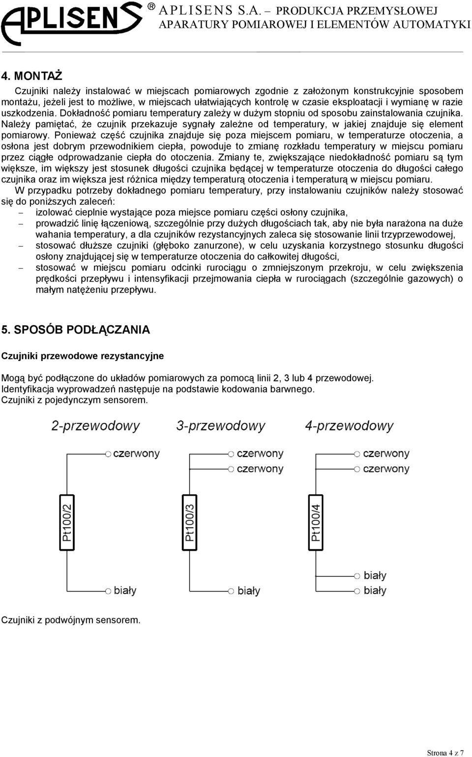 Należy pamiętać, że czujnik przekazuje sygnały zależne od temperatury, w jakiej znajduje się element pomiarowy.