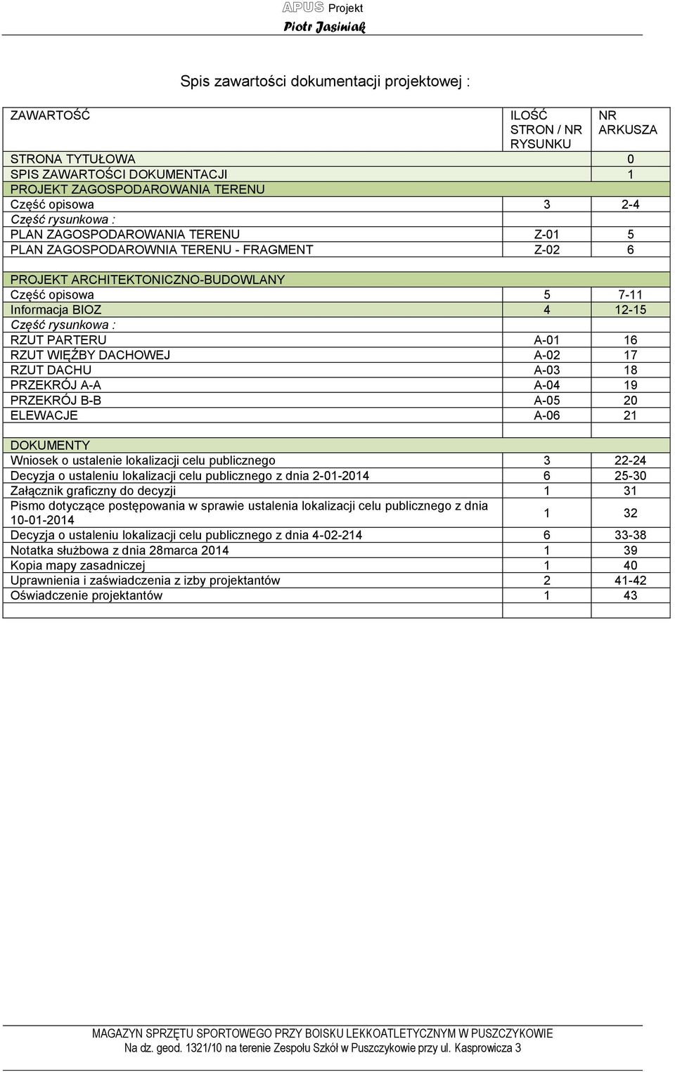 Część rysunkowa : RZUT PARTERU A-01 16 RZUT WIĘŹBY DACHOWEJ A-02 17 RZUT DACHU A-03 18 PRZEKRÓJ A-A A-04 19 PRZEKRÓJ B-B A-05 20 ELEWACJE A-06 21 DOKUMENTY Wniosek o ustalenie lokalizacji celu