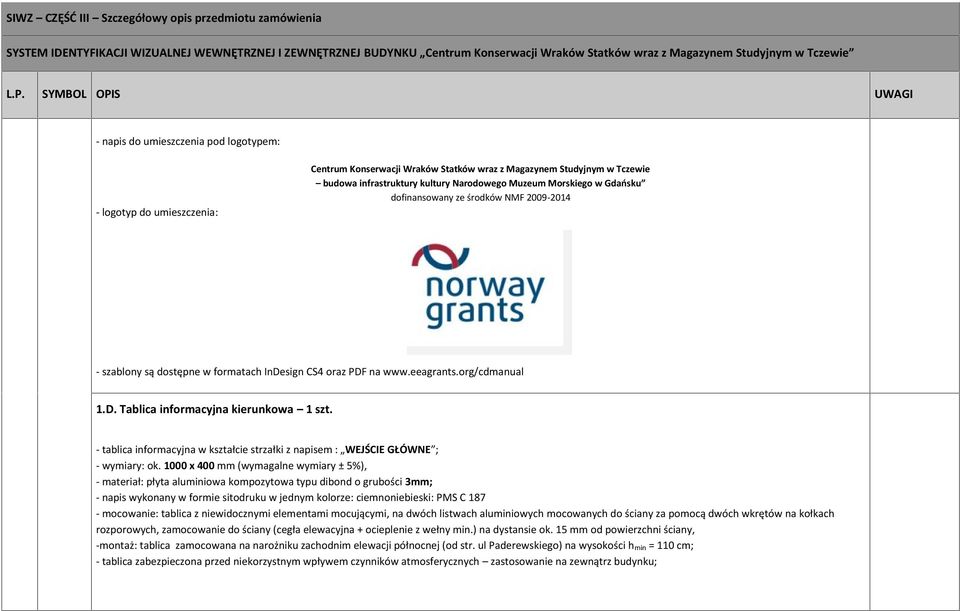 - tablica informacyjna w kształcie strzałki z napisem : WEJŚCIE GŁÓWNE ; - wymiary: ok.