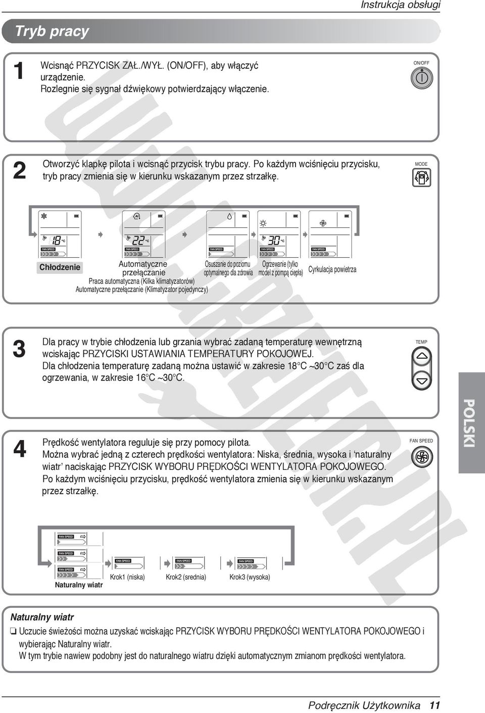 MODE Chłodzenie Automatyczne przełączanie Praca automatyczna (Kilka klimatyzatorów) Automatyczne przełączanie (Klimatyzator pojedynczy) Osuszanie do poziomu optymalnego dla zdrowia Ogrzewanie (tylko