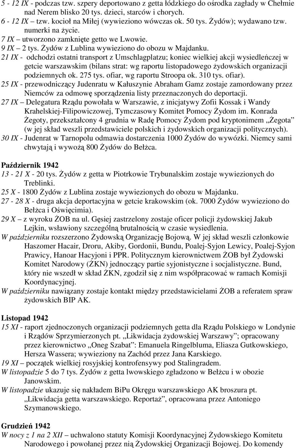 21 IX - odchodzi ostatni transport z Umschlagplatzu; koniec wielkiej akcji wysiedleńczej w getcie warszawskim (bilans strat: wg raportu listopadowego Ŝydowskich organizacji podziemnych ok. 275 tys.