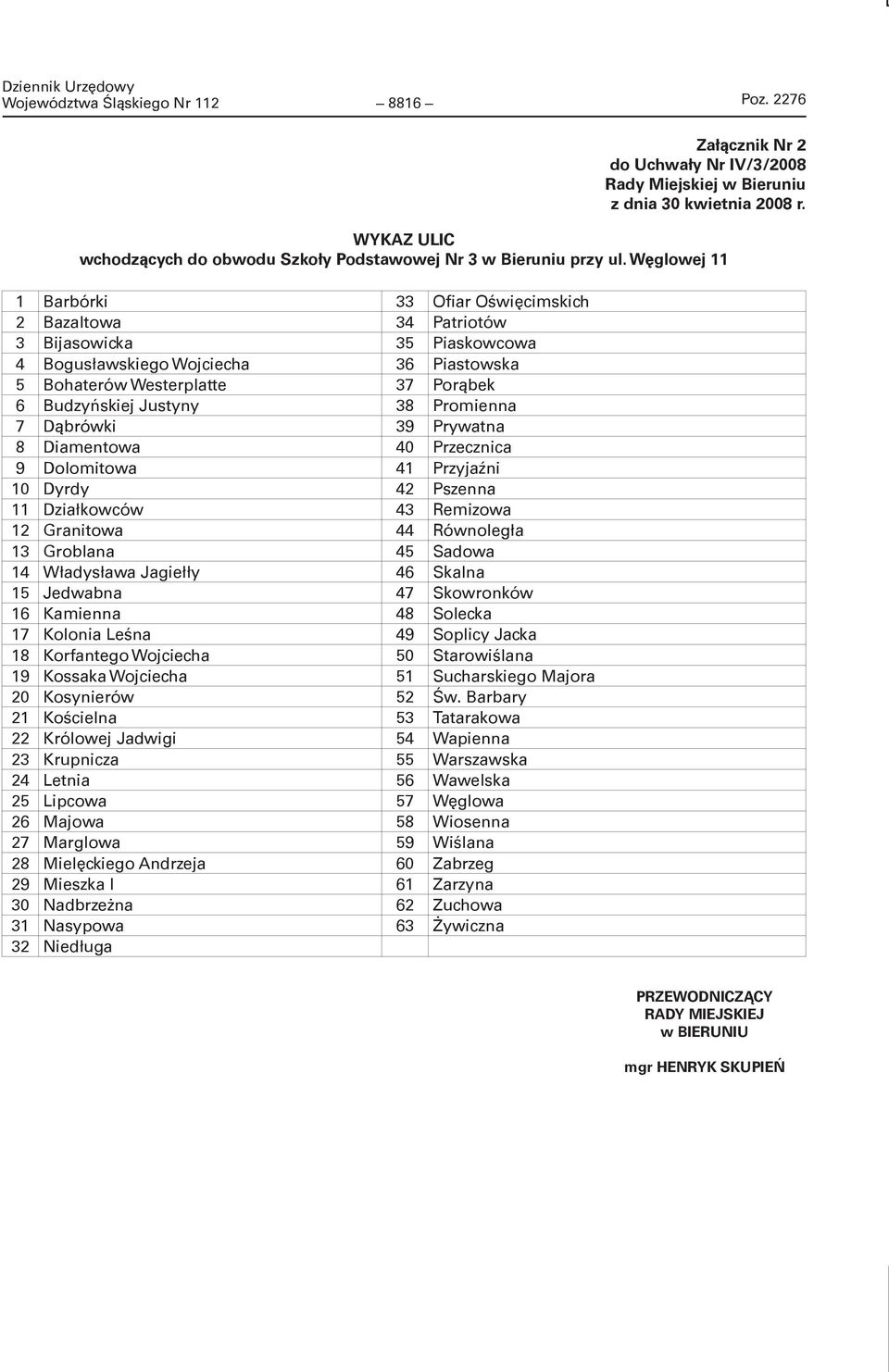 Węglowej 11 1 Barbórki 33 Ofiar Oświęcimskich 2 Bazaltowa 34 Patriotów 3 Bijasowicka 35 Piaskowcowa 4 Bogusławskiego Wojciecha 36 Piastowska 5 Bohaterów Westerplatte 37 Porąbek 6 Budzyńskiej Justyny