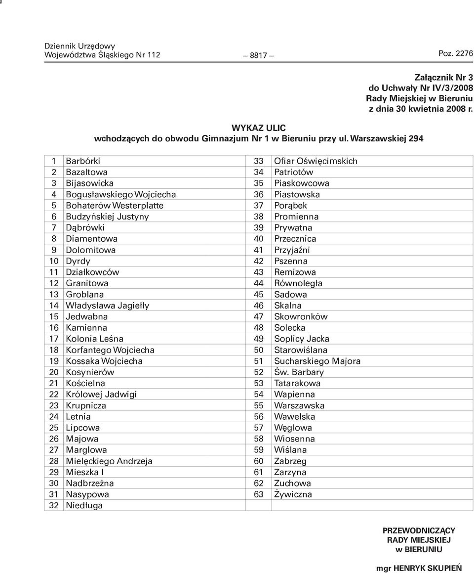 Warszawskiej 294 1 Barbórki 33 Ofiar Oświęcimskich 2 Bazaltowa 34 Patriotów 3 Bijasowicka 35 Piaskowcowa 4 Bogusławskiego Wojciecha 36 Piastowska 5 Bohaterów Westerplatte 37 Porąbek 6 Budzyńskiej