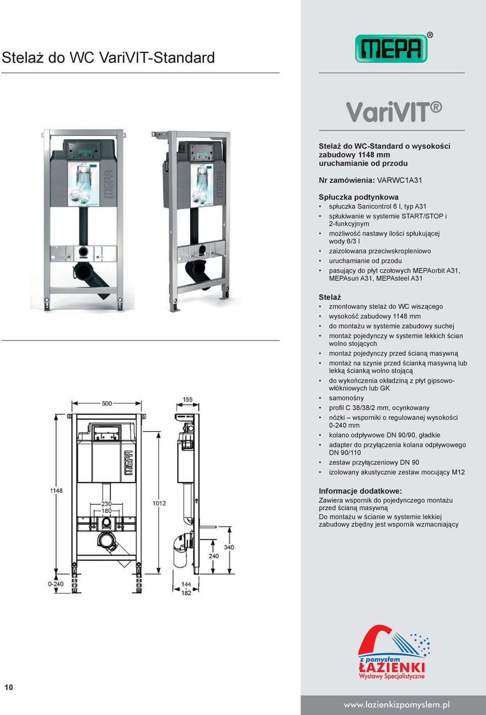 MEPAsteel A31 Stelaż zmontowany stelaż do WC wiszącego wysokość zabudowy 1148 mm do montażu w systemie zabudowy suchej montaż pojedynczy w systemie lekkich ścian wolno stojących montaż pojedynczy