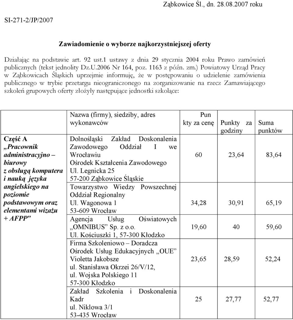 ) Powiatowy Urząd Pracy w Ząbkowicach Śląskich uprzejmie informuję, że w postępowaniu o udzielenie zamówienia publicznego w trybie przetargu nieograniczonego na zorganizowanie na rzecz Zamawiającego