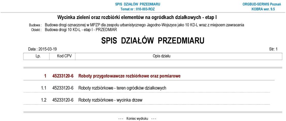 2015-03-19 Str: 1 Lp. Kod CPV Opis działu 1 45233120-6 Roboty przygotowawcze rozbiórkowe oraz pomiarowe 1.