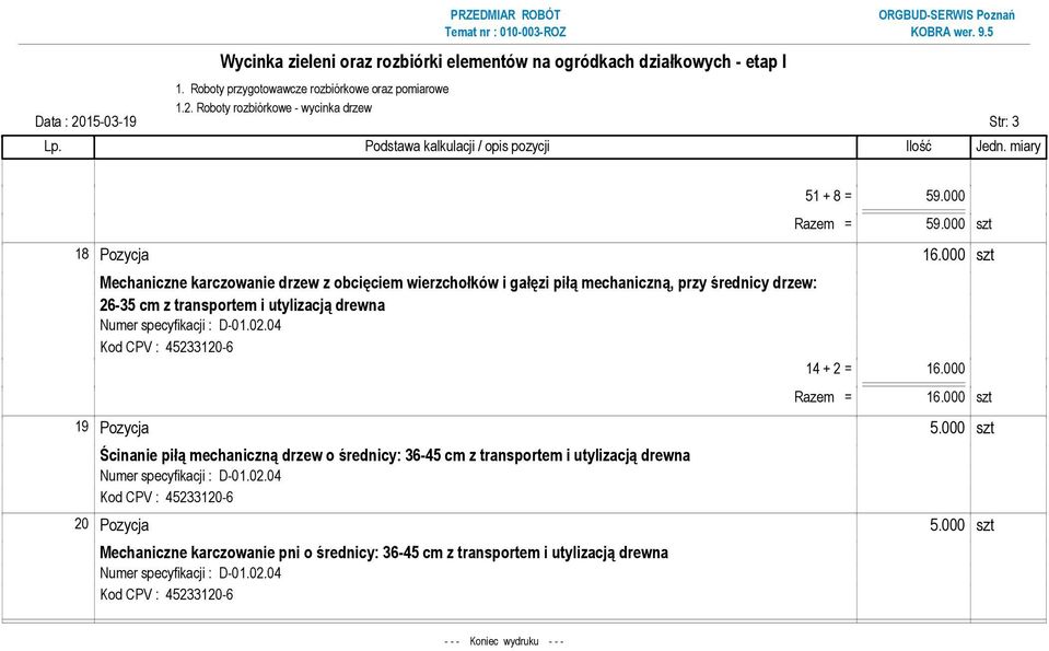 000 szt Mechaniczne karczowanie drzew z obcięciem wierzchołków i gałęzi piłą mechaniczną, przy średnicy drzew: 26-35 cm z transportem i utylizacją drewna 14 + 2 = 16.