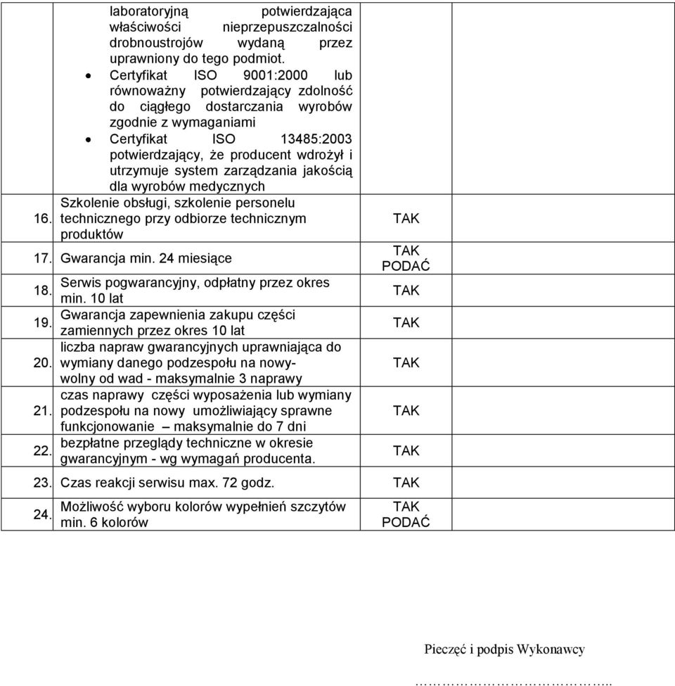 system zarządzania jakością dla wyrobów medycznych Szkolenie obsługi, szkolenie personelu 16. technicznego przy odbiorze technicznym produktów 17. Gwarancja min.