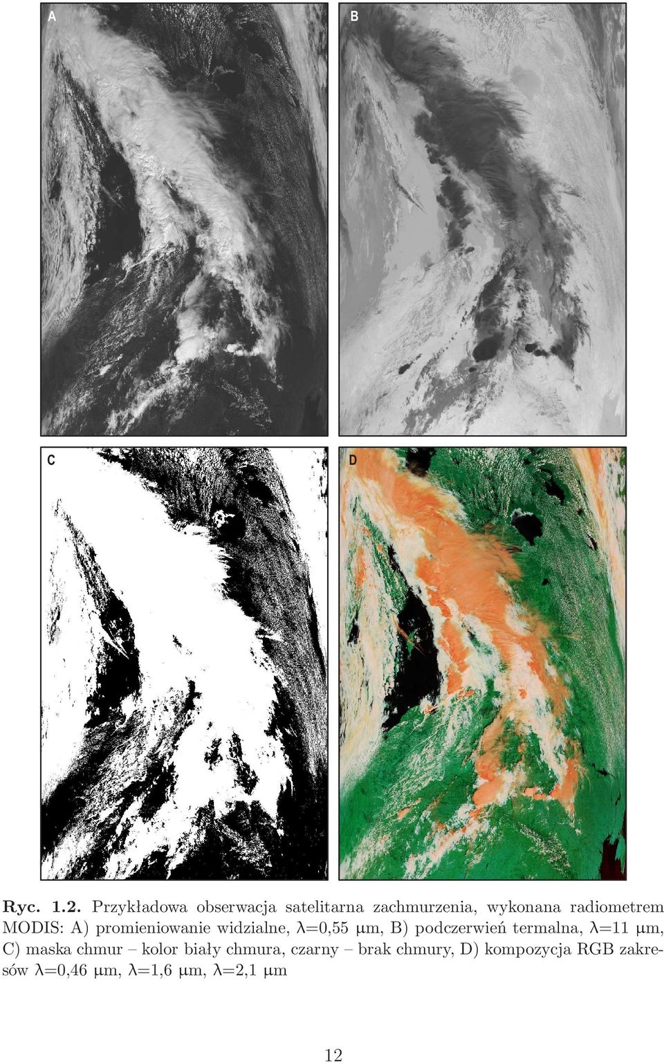 MODIS: A) promieniowanie widzialne, λ=,55 µm, B) podczerwień termalna,