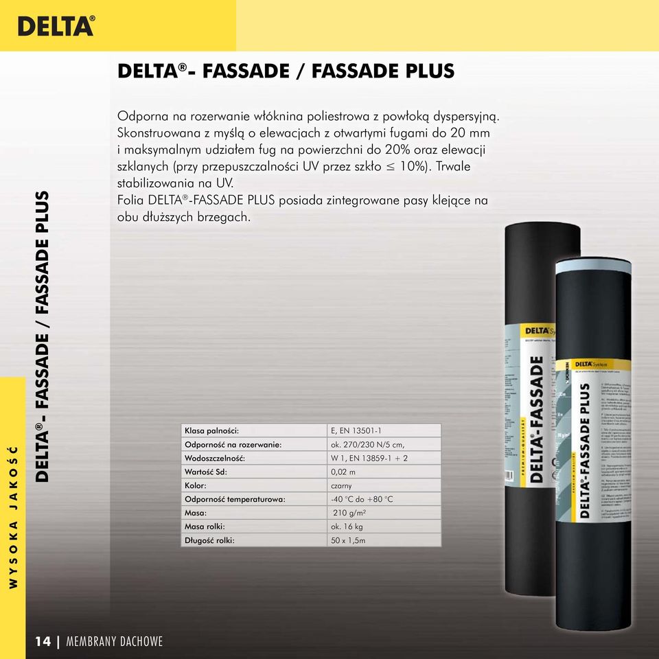 10%). Trwale stabilizowania na UV. Folia DELTA -FASSADE PLUS posiada zintegrowane pasy klejące na obu dłuższych brzegach.