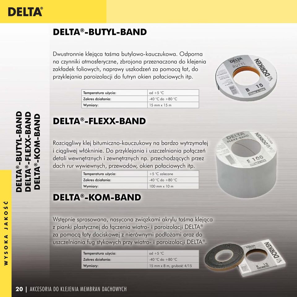 Temperatura użycia: od +5 C Zakres działania: -40 C do +80 C Wymiary: 15 mm x 15 m WYSOKA JAKOŚĆ DELTA -BUTYL-BAND DELTA -FLEXX-BAND DELTA -KOM-BAND DELTA -FLEXX-BAND Rozciągliwy klej