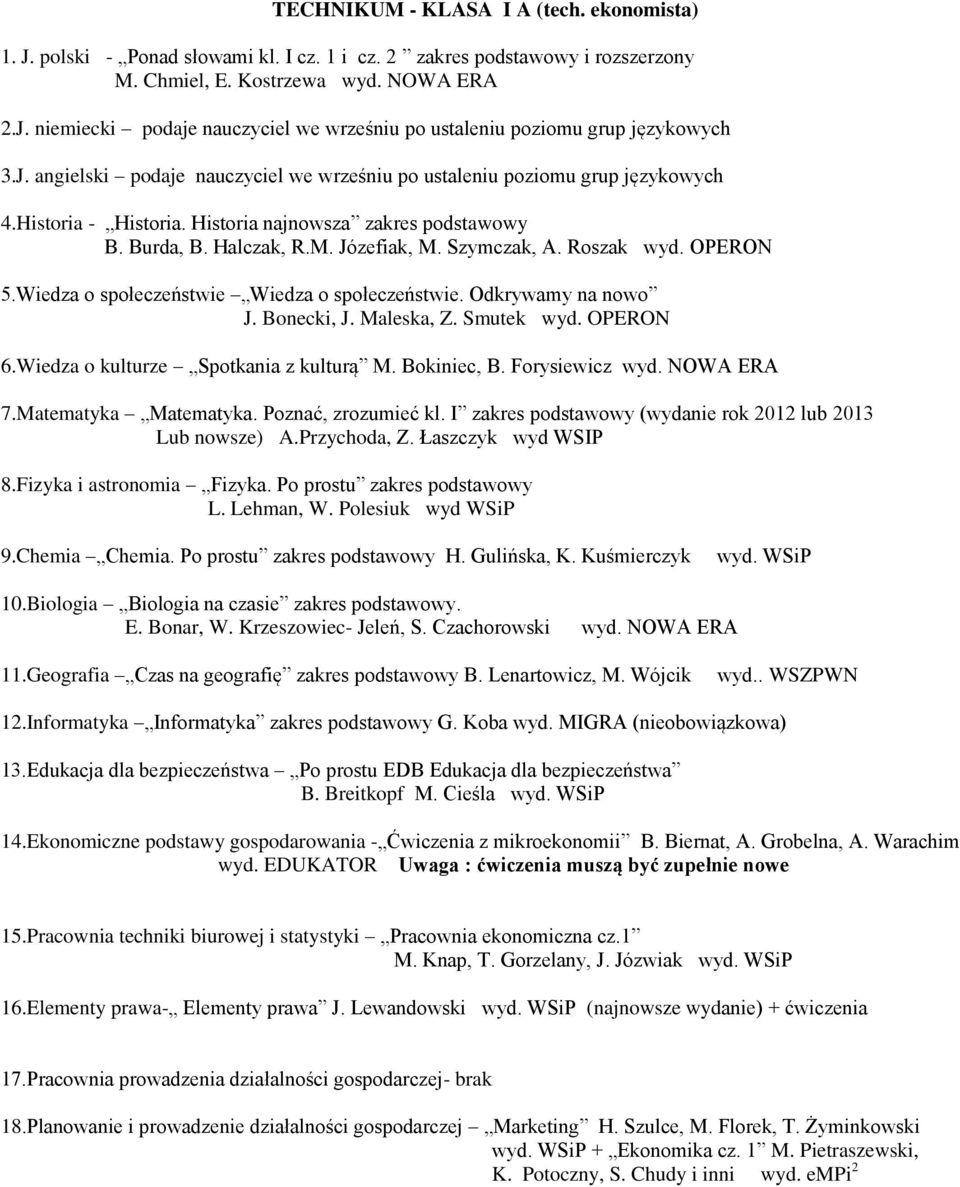 Roszak wyd. OPERON 5.Wiedza o społeczeństwie Wiedza o społeczeństwie. Odkrywamy na nowo J. Bonecki, J. Maleska, Z. Smutek wyd. OPERON 6.Wiedza o kulturze Spotkania z kulturą M. Bokiniec, B.