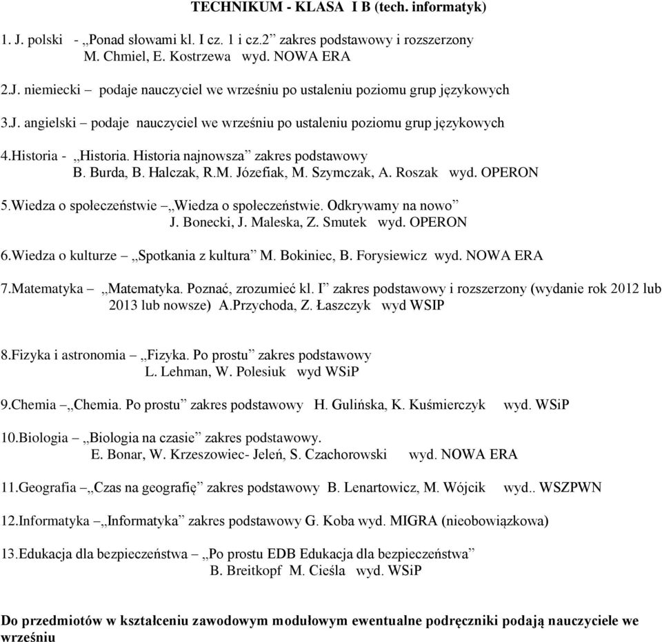 Roszak wyd. OPERON 5.Wiedza o społeczeństwie Wiedza o społeczeństwie. Odkrywamy na nowo J. Bonecki, J. Maleska, Z. Smutek wyd. OPERON 6.Wiedza o kulturze Spotkania z kultura M. Bokiniec, B.