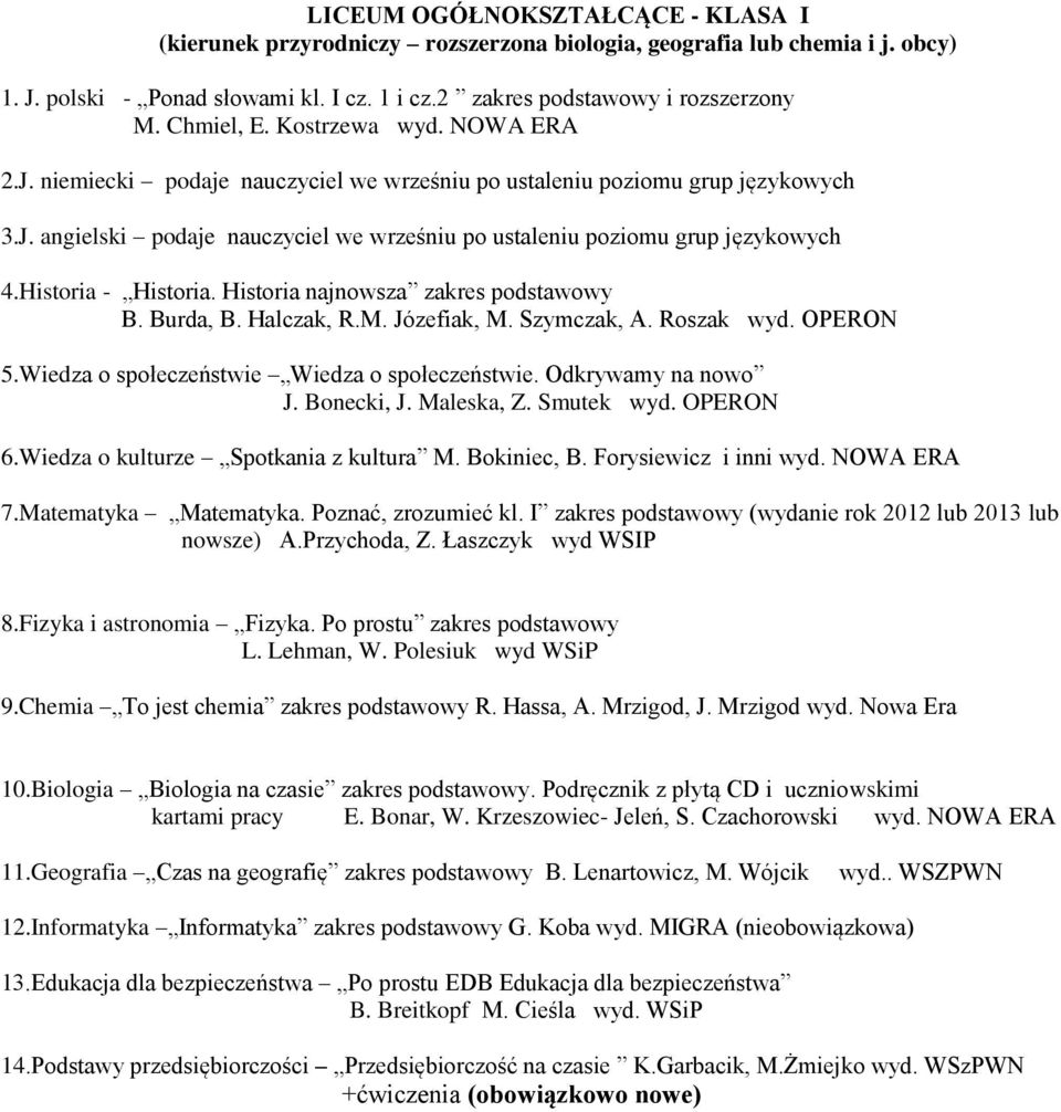 Historia - Historia. Historia najnowsza zakres podstawowy B. Burda, B. Halczak, R.M. Józefiak, M. Szymczak, A. Roszak wyd. OPERON 5.Wiedza o społeczeństwie Wiedza o społeczeństwie.