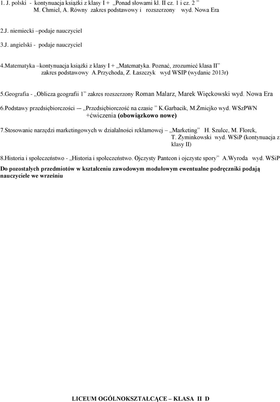 Geografia - Oblicza geografii 1 zakres rozszerzony Roman Malarz, Marek Więckowski wyd. Nowa Era 6.Podstawy przedsiębiorczości - Przedsiębiorczość na czasie K.Garbacik, M.Żmiejko wyd.