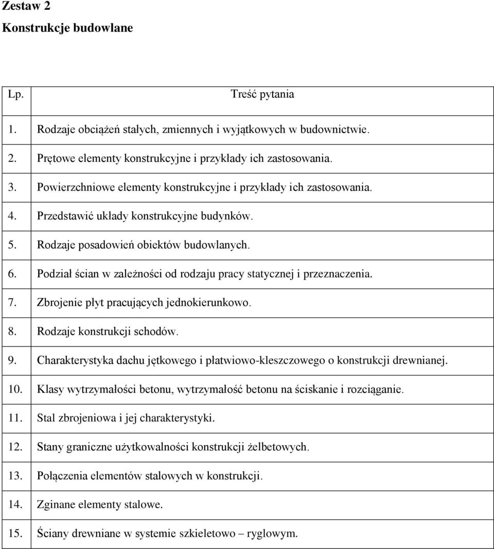 Podział ścian w zależności od rodzaju pracy statycznej i przeznaczenia. 7. Zbrojenie płyt pracujących jednokierunkowo. 8. Rodzaje konstrukcji schodów. 9.